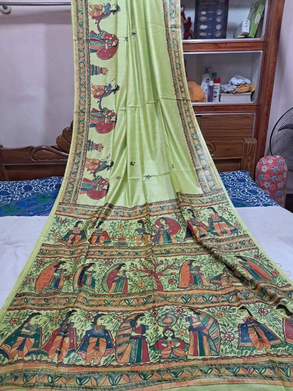 Pure-Desi-Tussar-silk-handloom-saree-with-Madhubani-hand-painted-anchal-and-border