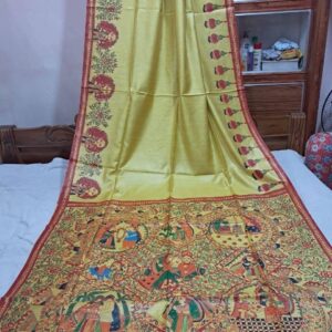 Handloom Pure Desi Tussar Silk Saree – Madhubani Hand-Painted Anchal & Border