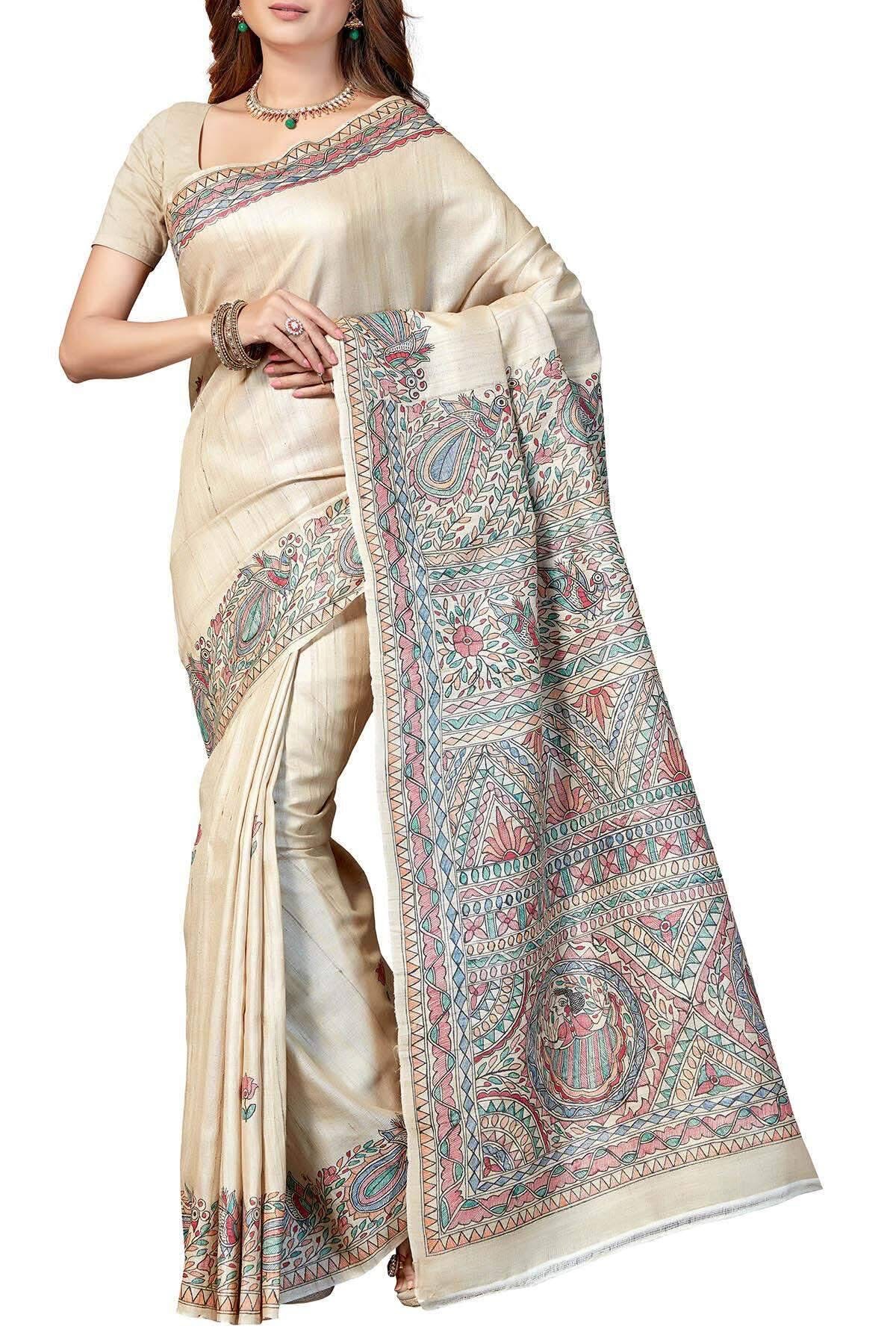 Pure-Desi-Tussar-silk-handloom-saree-with-Madhubani-hand-painted-anchal-and-border
