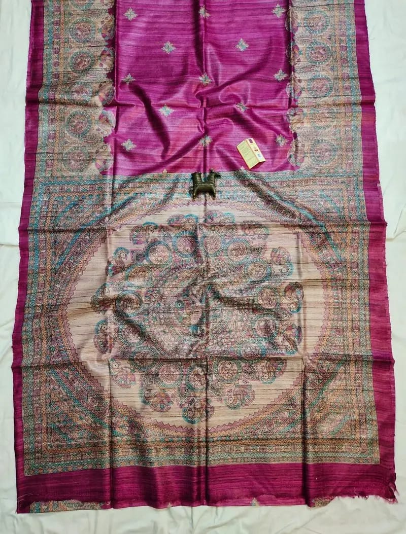 Handloom Tussar Ghicha Silk Saree with Traditional Screen Prints