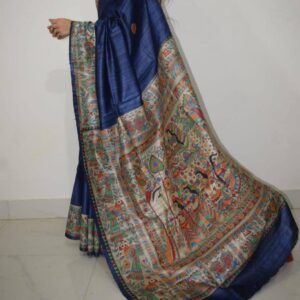 Handloom Pure Tussar Ghicha Silk Saree with Handpainted Madhubani Anchal & Border