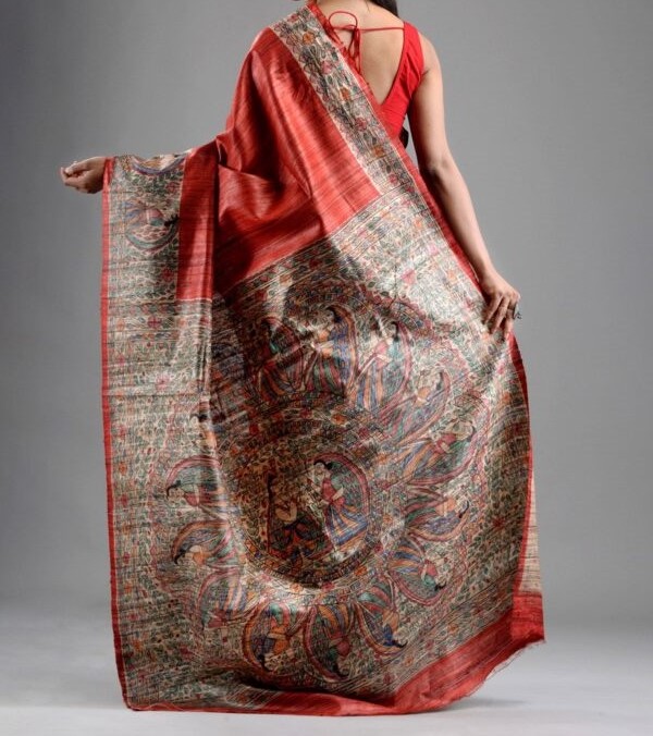 Handloom Tussar Ghicha Silk Saree with Traditional Screen Prints - Image 4