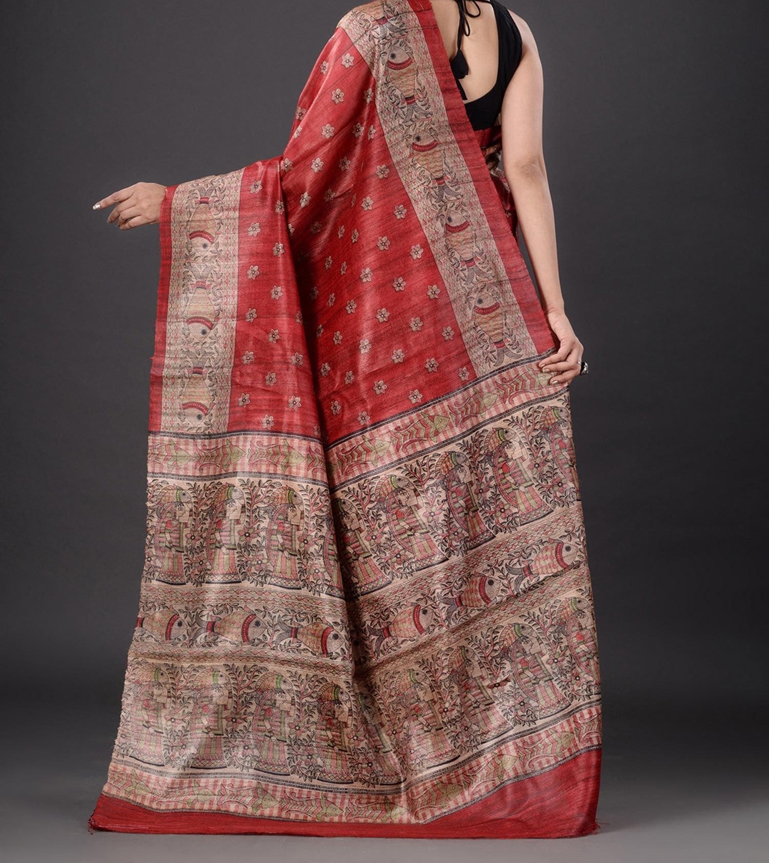Handloom Tussar Ghicha Silk Saree with Traditional Screen Prints - Image 3