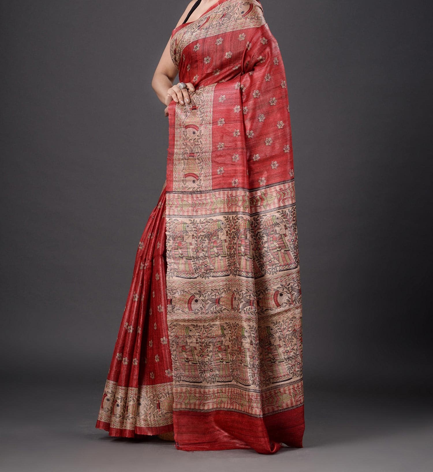 Handloom Tussar Ghicha Silk Saree with Traditional Screen Prints - Image 2