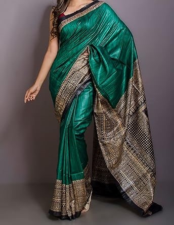 Handloom Tussar Ghicha Silk Saree with Traditional Screen Prints - Image 2