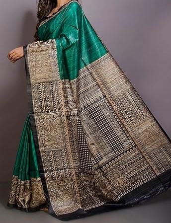 Handloom Tussar Ghicha Silk Saree with Traditional Screen Prints - Image 4