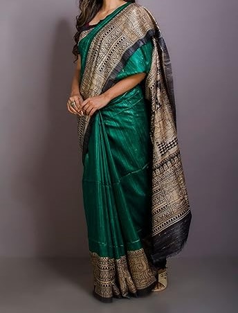 Handloom Tussar Ghicha Silk Saree with Traditional Screen Prints - Image 3