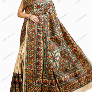 Pure Tussar Ghicha Silk Saree with Half Body Handpainted Madhubani Art 004