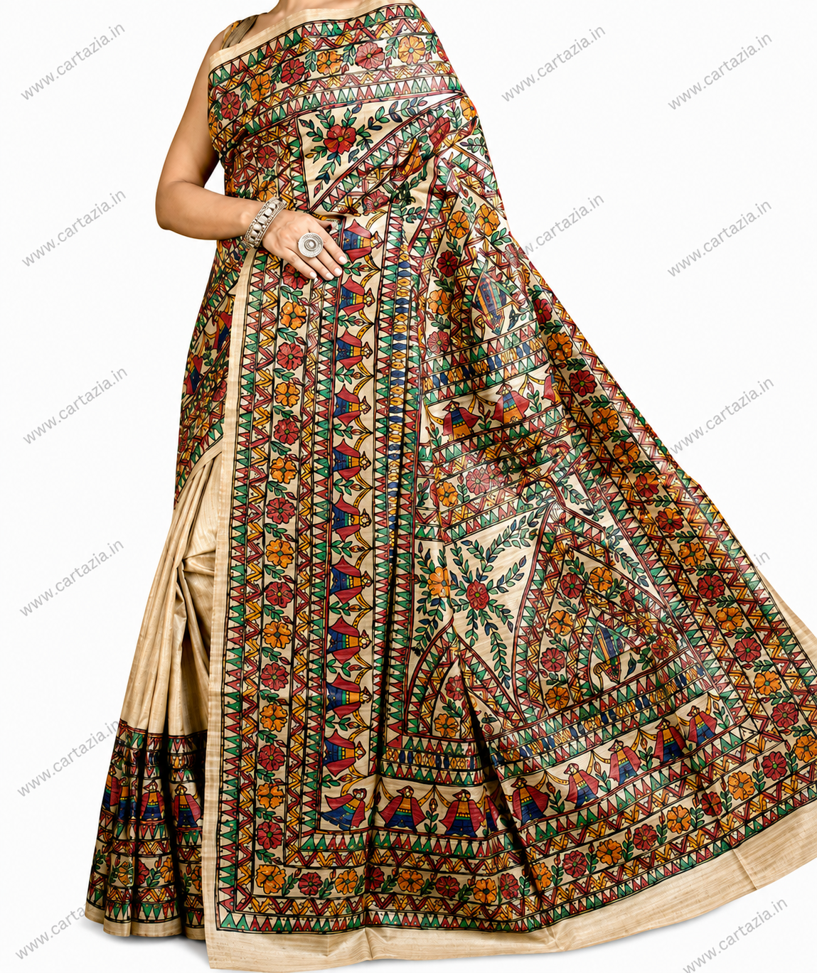 Half body Madhubani handpainted pure Tussar Ghicha silk saree close up design
