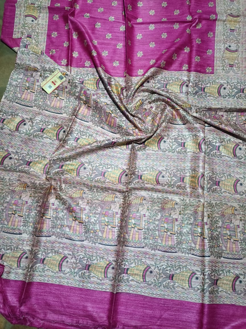 Handloom Tussar Ghicha Silk Saree with Traditional Screen Prints