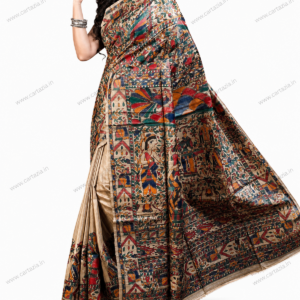 Pure Tussar Ghicha Silk Saree with Half Body Handpainted Madhubani Art 005