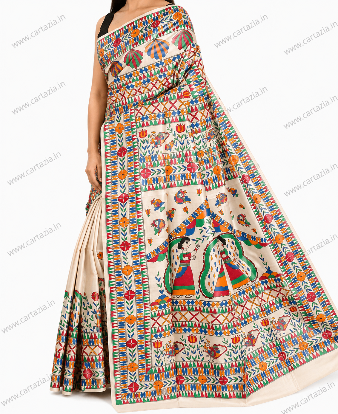 Pure Tussar Ghicha Silk Saree with Half Body Handpainted Madhubani Art 013 2 pure-tussar-ghicha-silk-saree-madhubani