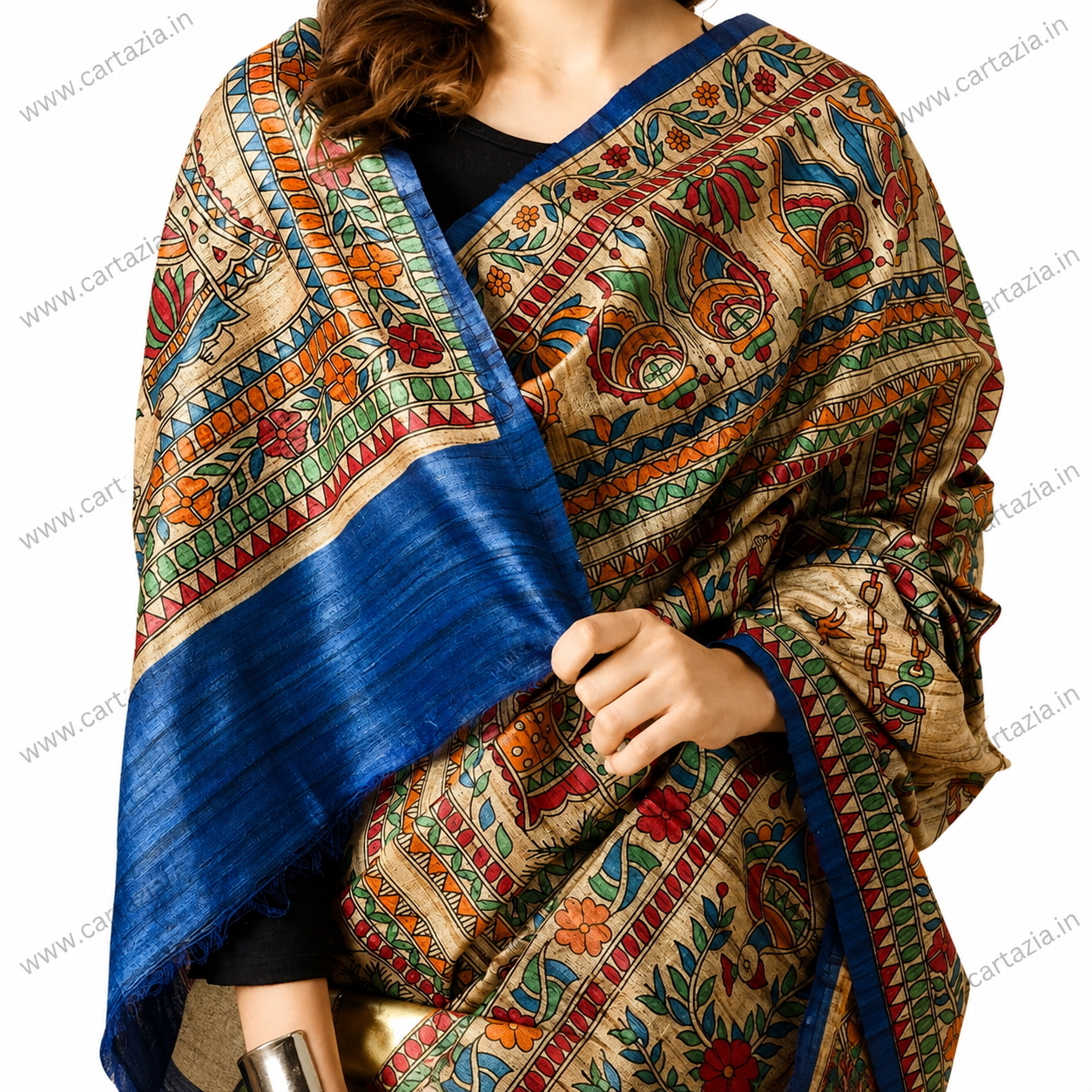 Pure Tussar Ghicha Silk Saree with Half Body Handpainted Madhubani Art 015 3 Pure Tussar Ghicha Silk Saree with Half Body Handpainted Madhubani Art 015 - Image 2