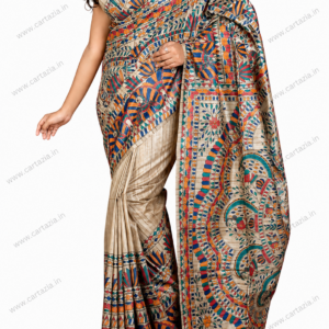 Home 36 Pure Tussar Ghicha Silk Saree with Half Body Handpainted Madhubani Art 007