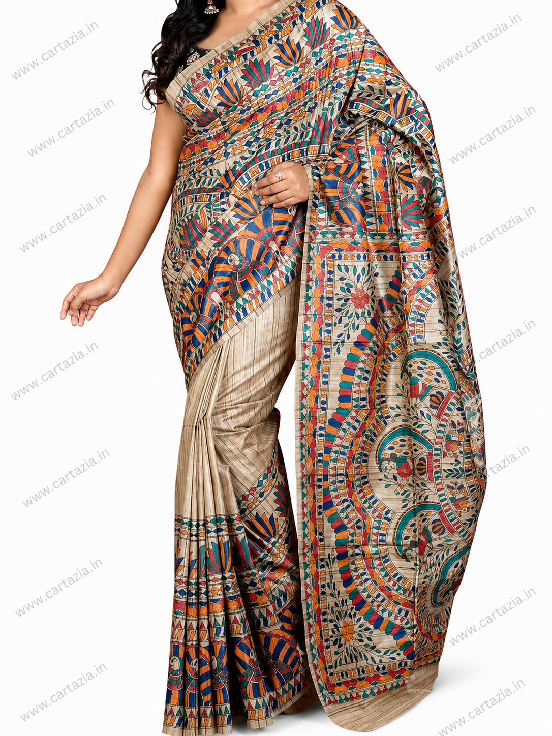 Pure Tussar Ghicha Silk Saree with Half Body Handpainted Madhubani Art 007