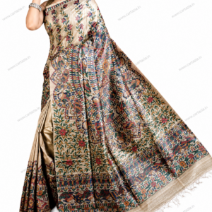 Home 40 Half body Madhubani handpainted pure Tussar Ghicha silk saree close up design