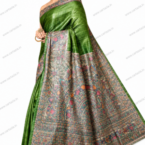 Home 35 Pure Tussar Ghicha Silk Saree with Half Body Handpainted Madhubani Art 008