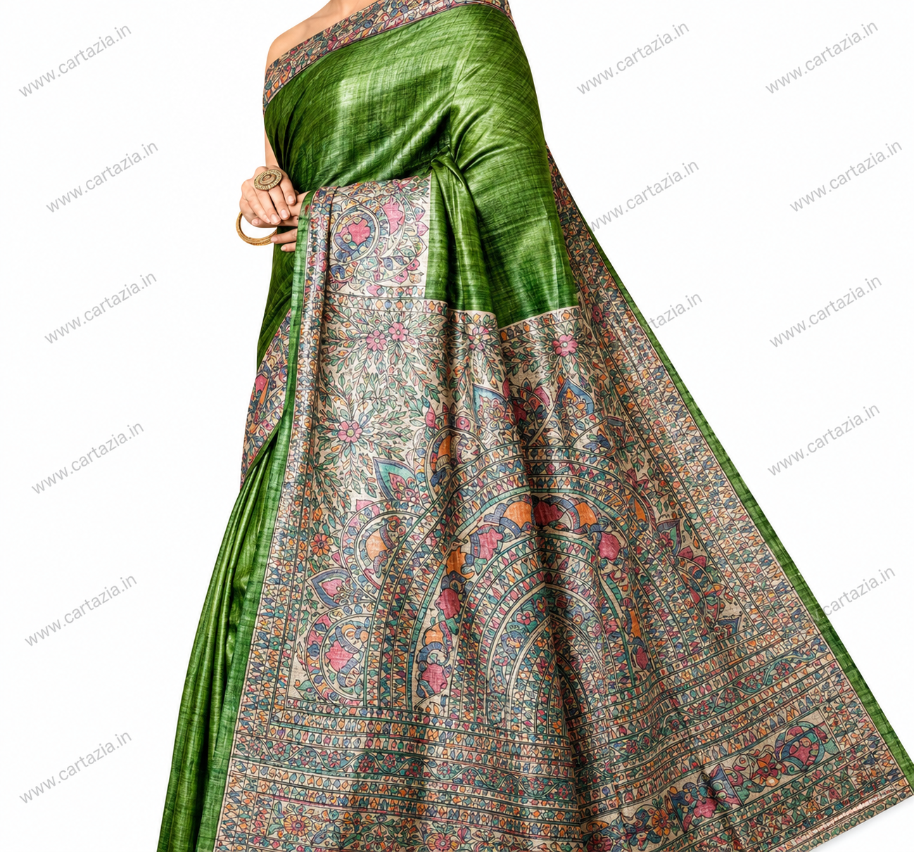 Pure Tussar Ghicha Silk Saree with Half Body Handpainted Madhubani Art 008 2 Pure Tussar Ghicha Silk Saree with Half Body Handpainted Madhubani Art 008