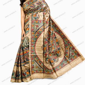 Home 33 Pure Tussar Ghicha Silk Saree with Half Body Handpainted Madhubani Art 010