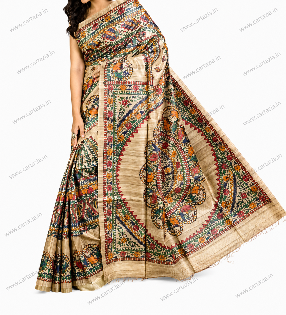 Pure Tussar Ghicha Silk Saree with Half Body Handpainted Madhubani Art 009 2 Pure Tussar Ghicha Silk Saree with Half Body Handpainted Madhubani Art 009