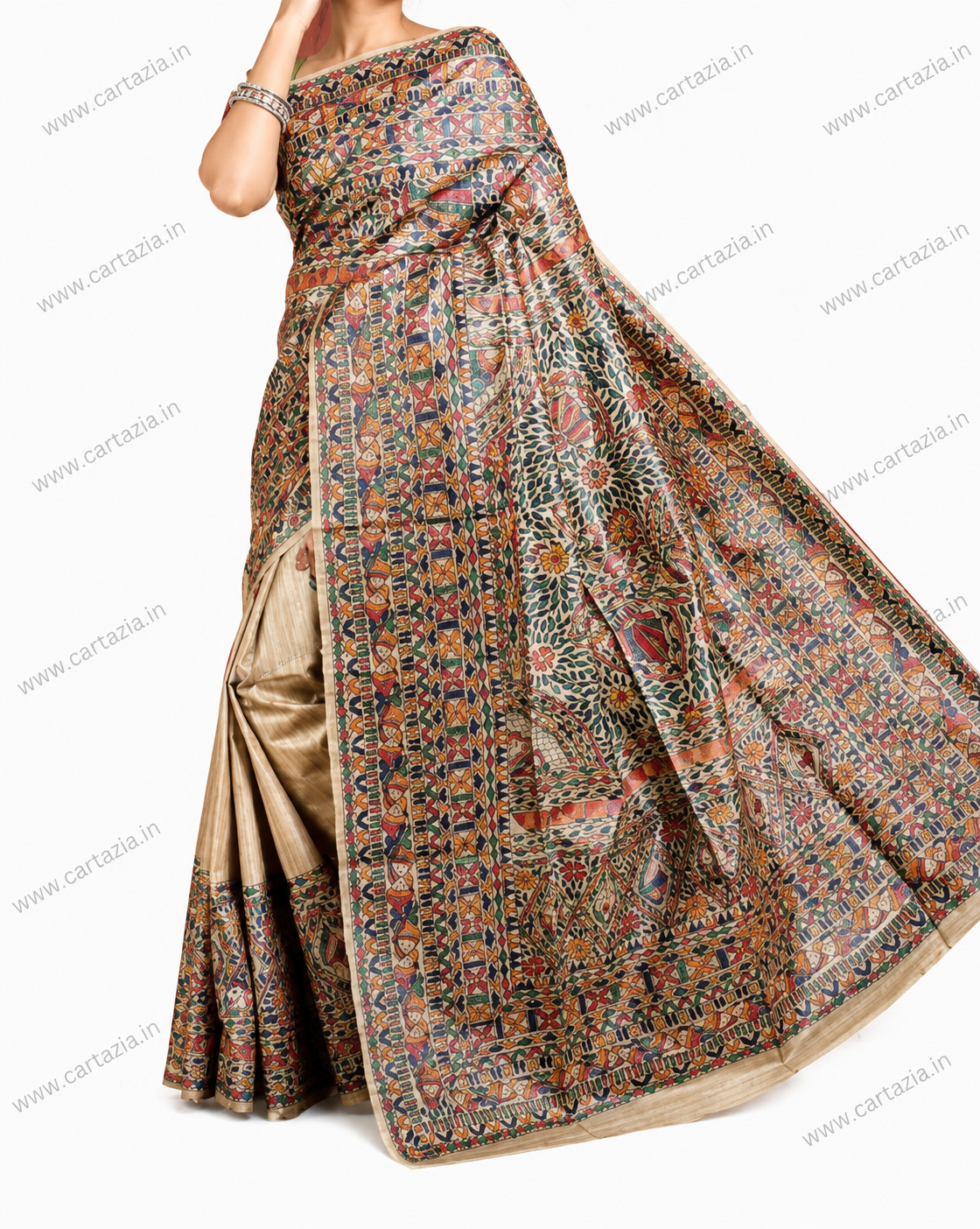Pure Tussar Ghicha Silk Saree with Half Body Handpainted Madhubani Art 011 1 pure-tussar-ghicha-silk-saree-madhubani