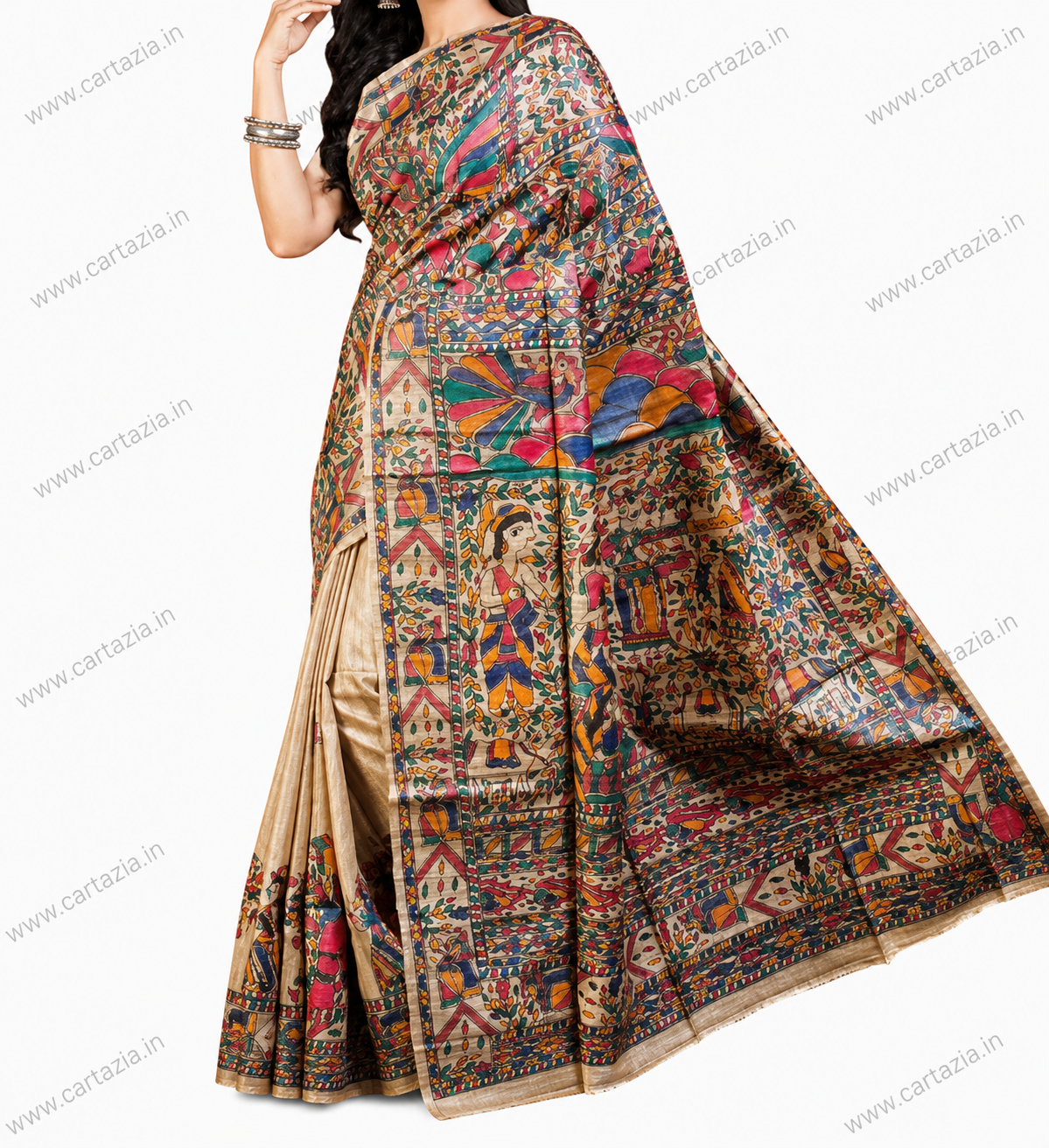 Pure Tussar Ghicha Silk Saree with Half Body Handpainted Madhubani Art 012 3 pure-tussar-ghicha-silk-saree-madhubani