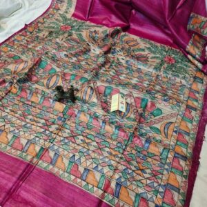 Handloom Pure Tussar Ghicha Silk Saree with Handpainted Madhubani Anchal & Border