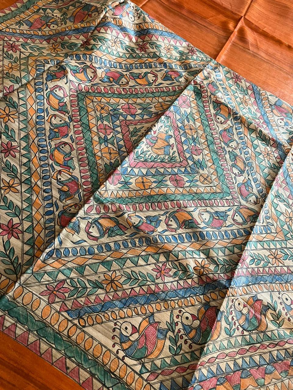 Handloom Pure Tussar Ghicha Silk Saree featuring handpainted Madhubani art on the anchal and border