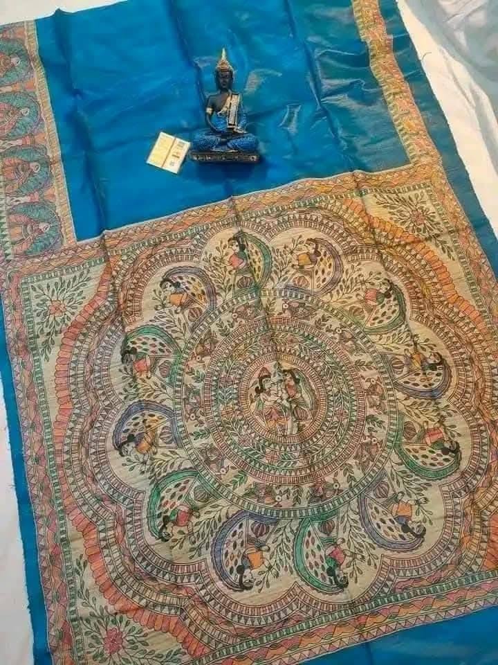 Handloom Pure Tussar Ghicha Silk Saree featuring handpainted Madhubani art on the anchal and border