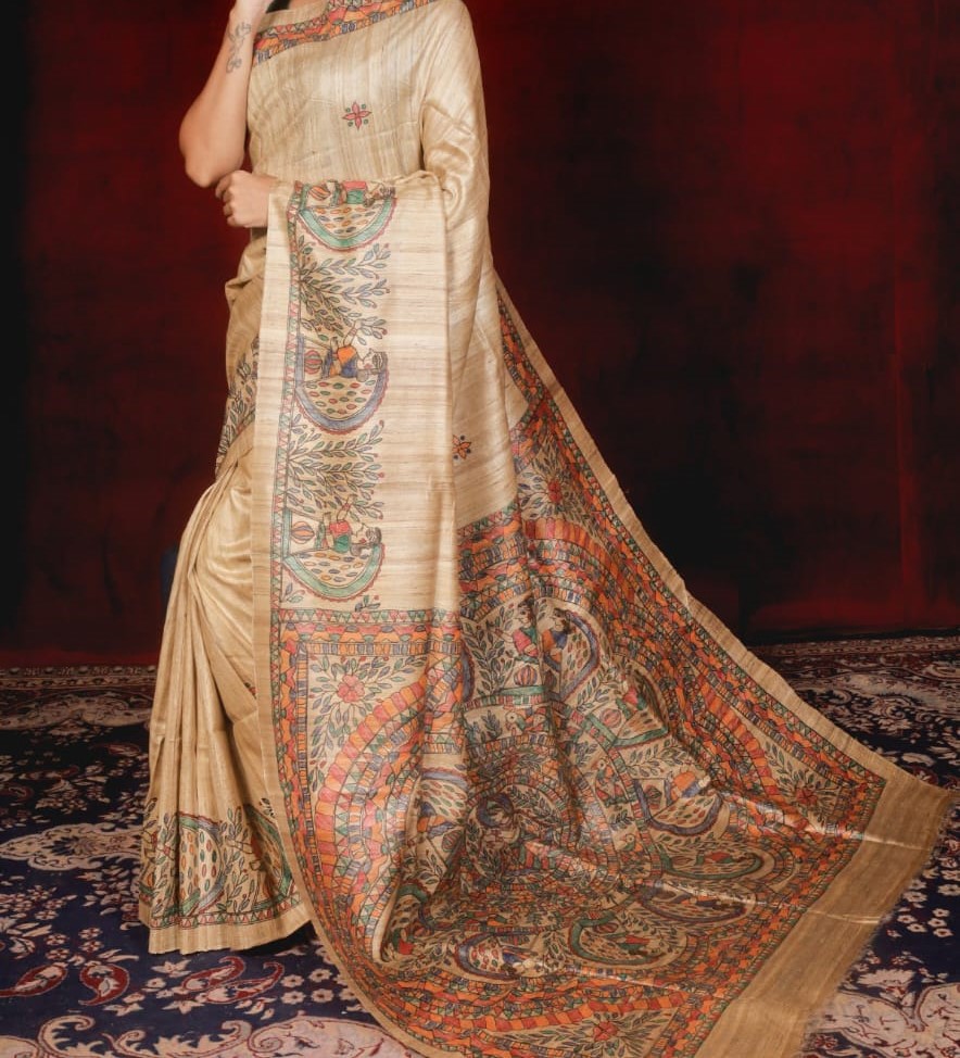 Handloom Pure Tussar Ghicha Silk Saree featuring handpainted Madhubani art on the anchal and border