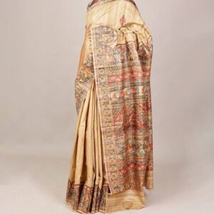 Handloom Pure Tussar Ghicha Silk Saree with Handpainted Madhubani Anchal & Border