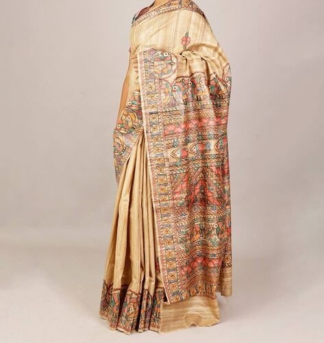 Handloom Pure Tussar Ghicha Silk Saree featuring handpainted Madhubani art on the anchal and border