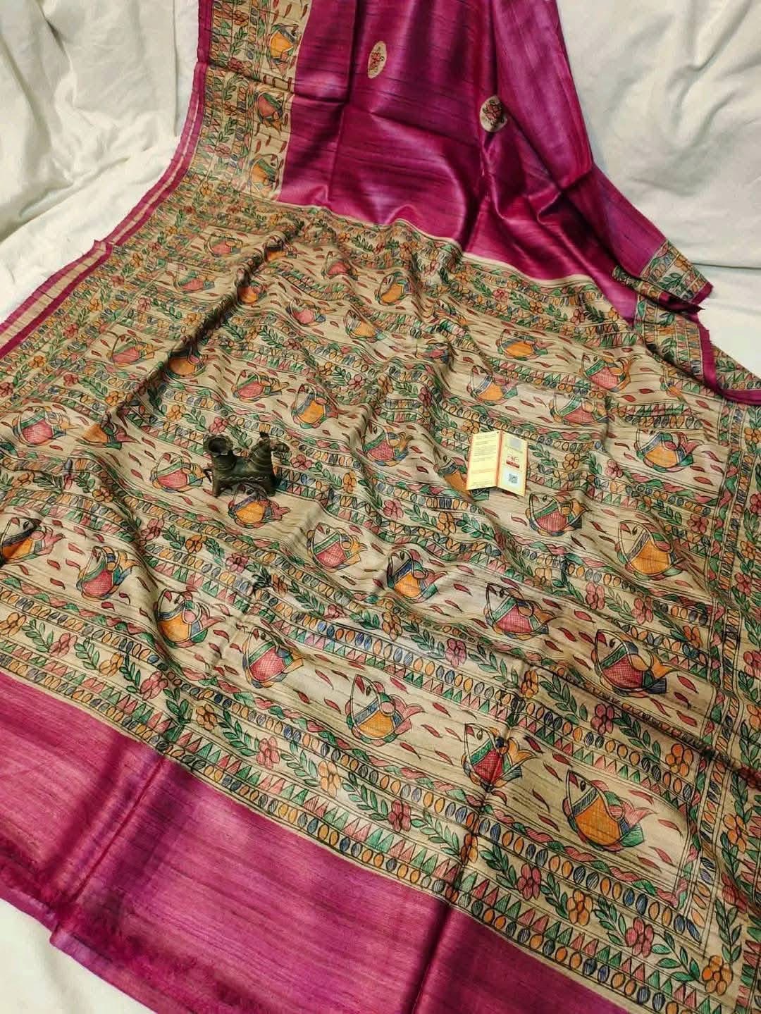 Handloom Pure Tussar Ghicha Silk Saree featuring handpainted Madhubani art on the anchal and border
