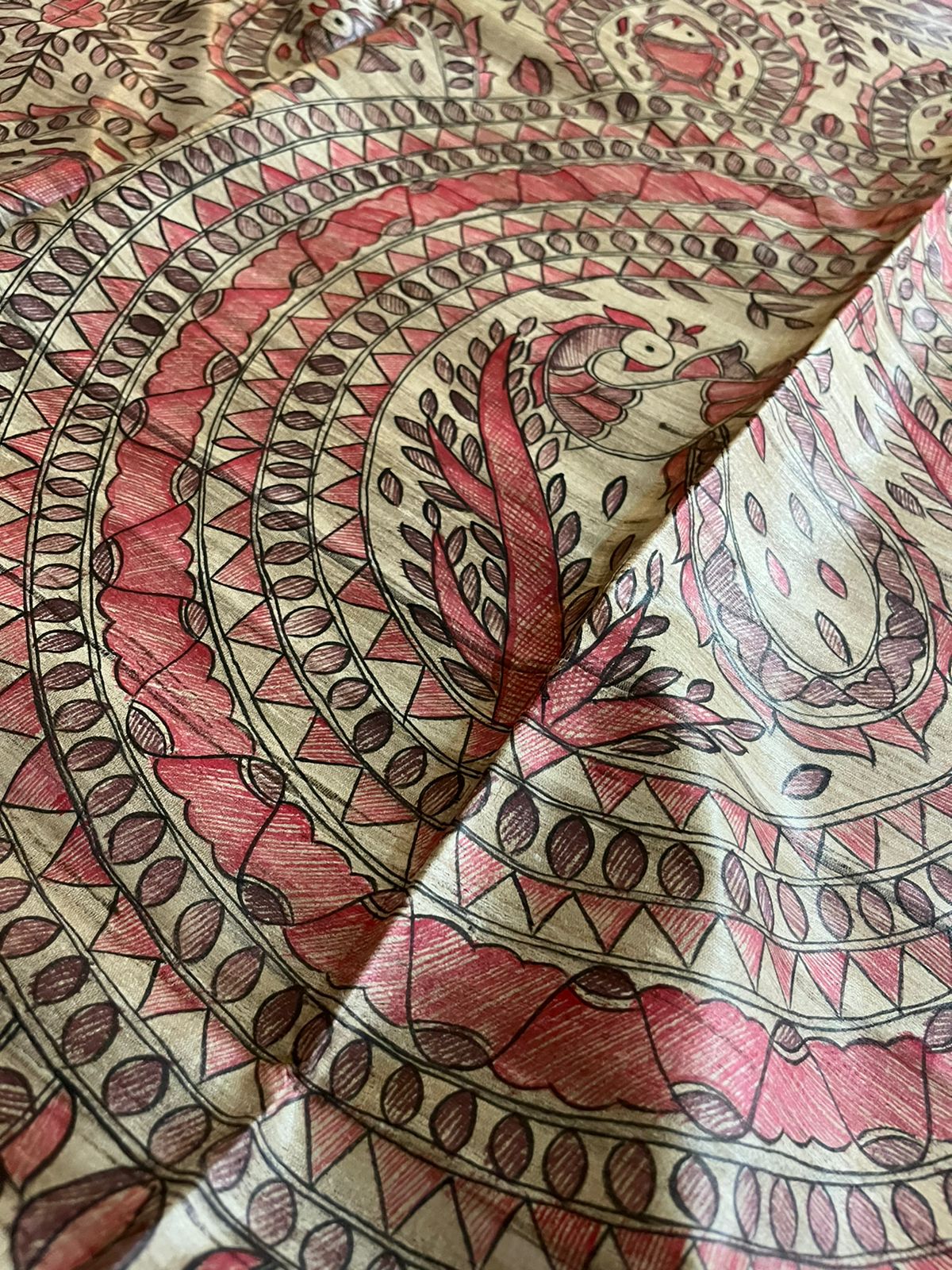 Handloom Pure Tussar Ghicha Silk Saree with Handpainted Madhubani Anchal & Border - Image 2