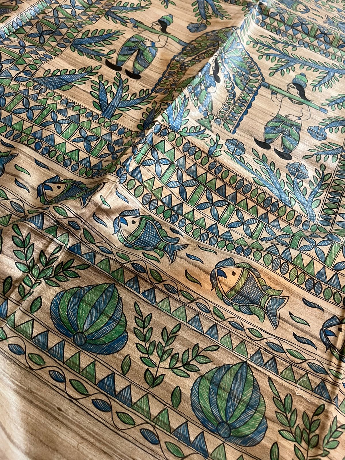 Handloom Pure Tussar Ghicha Silk Saree with Handpainted Madhubani Anchal & Border - Image 2