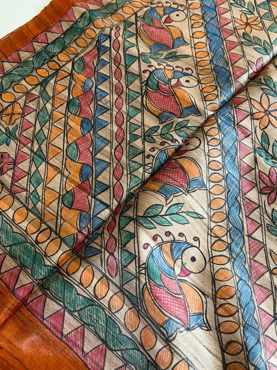 Handloom Pure Tussar Ghicha Silk Saree with Handpainted Madhubani Anchal & Border - Image 2