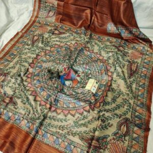 Handloom Pure Tussar Ghicha Silk Saree with Handpainted Madhubani Anchal & Border