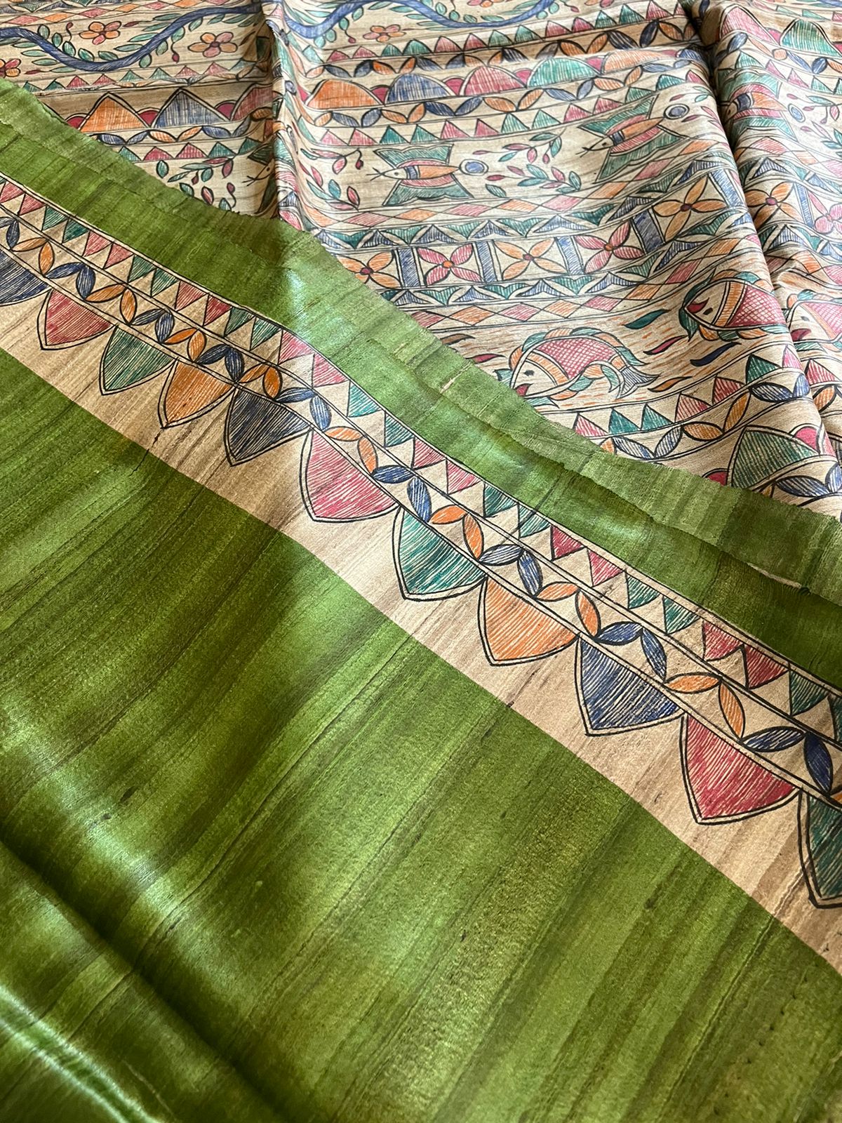 Handloom Pure Tussar Ghicha Silk Saree with Handpainted Madhubani Anchal & Border - Image 5