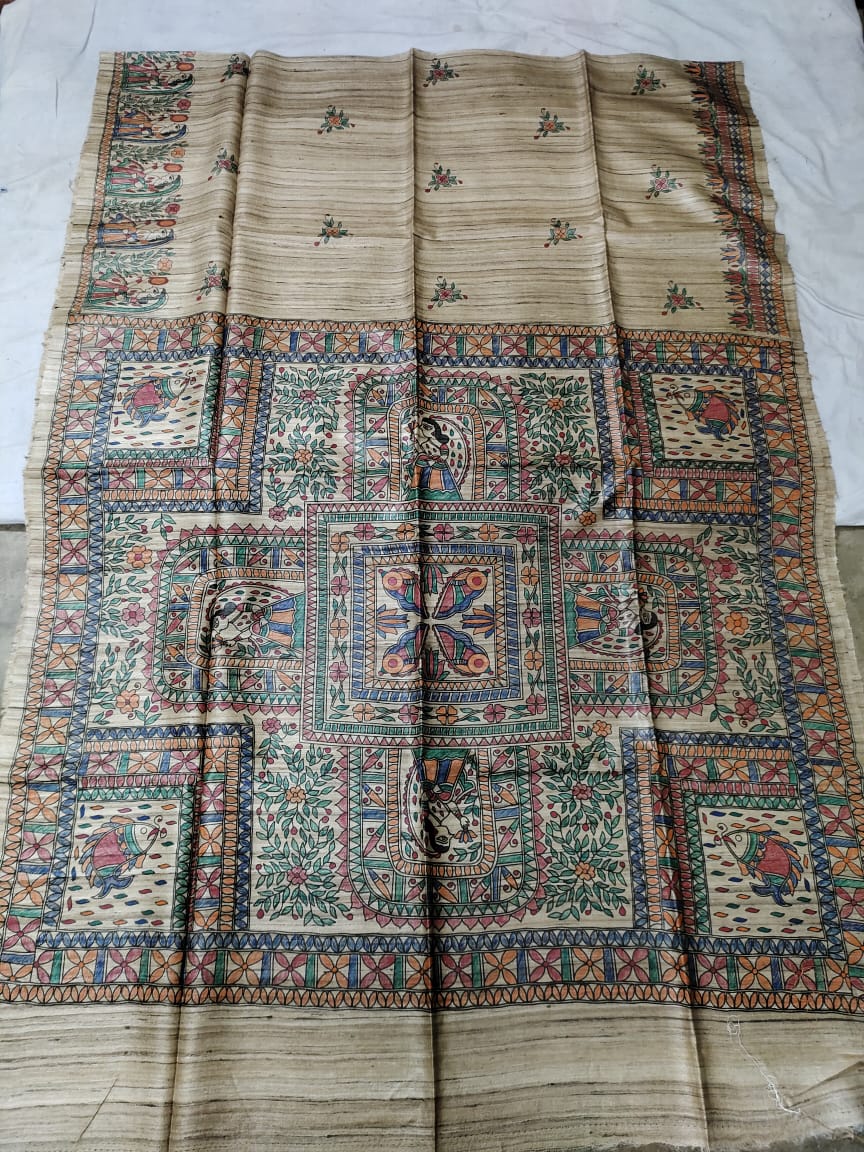 Handloom Pure Tussar Ghicha Silk Saree featuring handpainted Madhubani art on the anchal and border