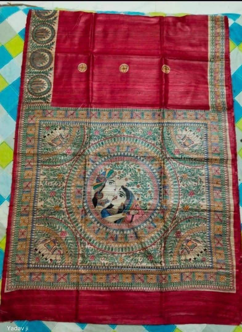 Handloom Pure Tussar Ghicha Silk Saree featuring handpainted Madhubani art on the anchal and border
