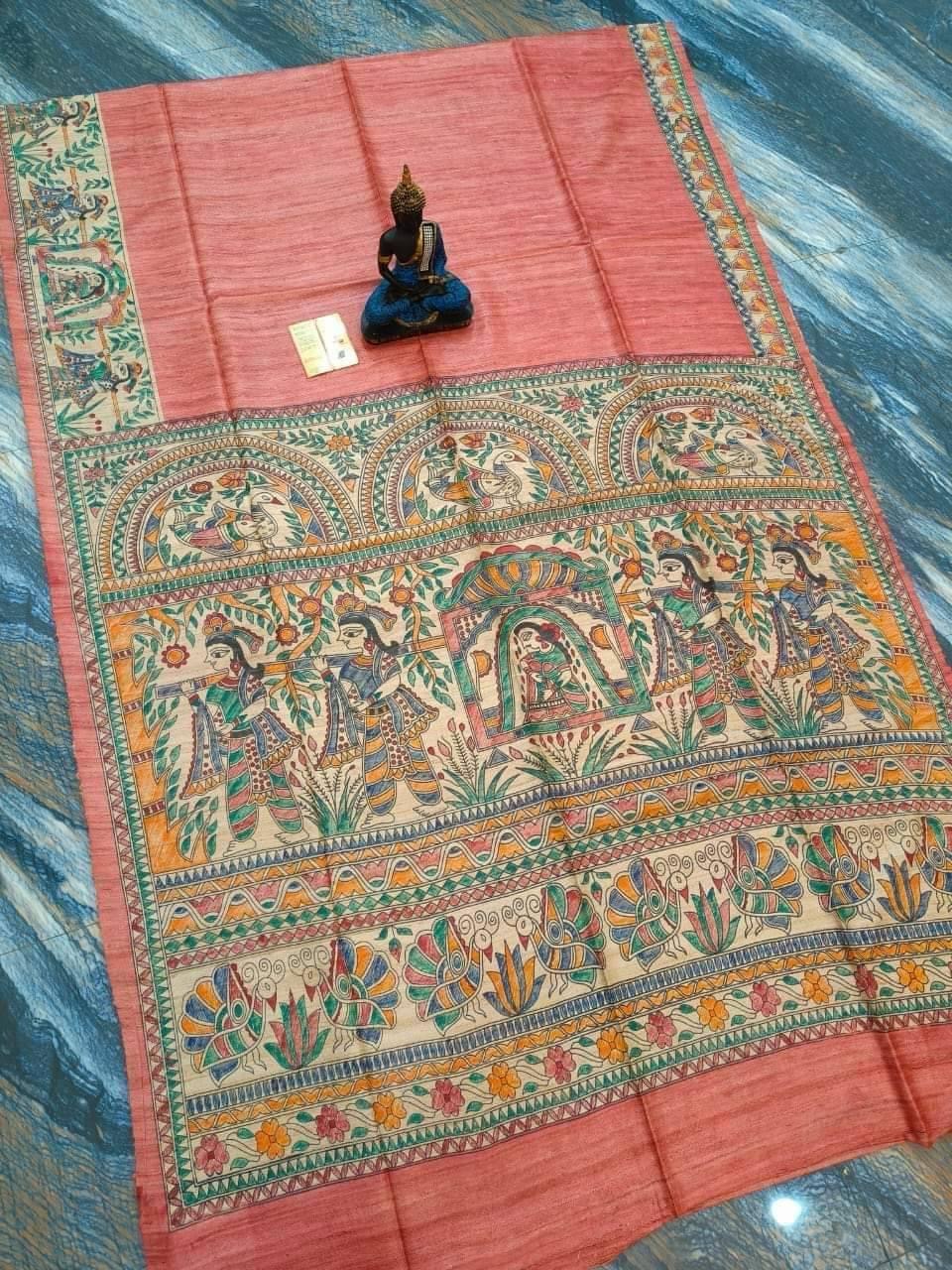 Handloom Pure Tussar Ghicha Silk Saree featuring handpainted Madhubani art on the anchal and border