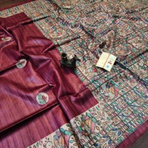 Handloom Pure Tussar Ghicha Silk Saree with Handpainted Madhubani Anchal & Border