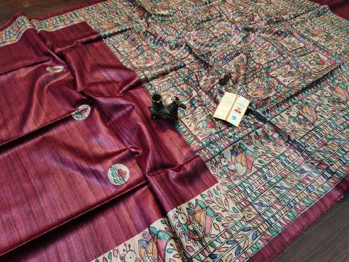 Handloom Pure Tussar Ghicha Silk Saree featuring handpainted Madhubani art on the anchal and border