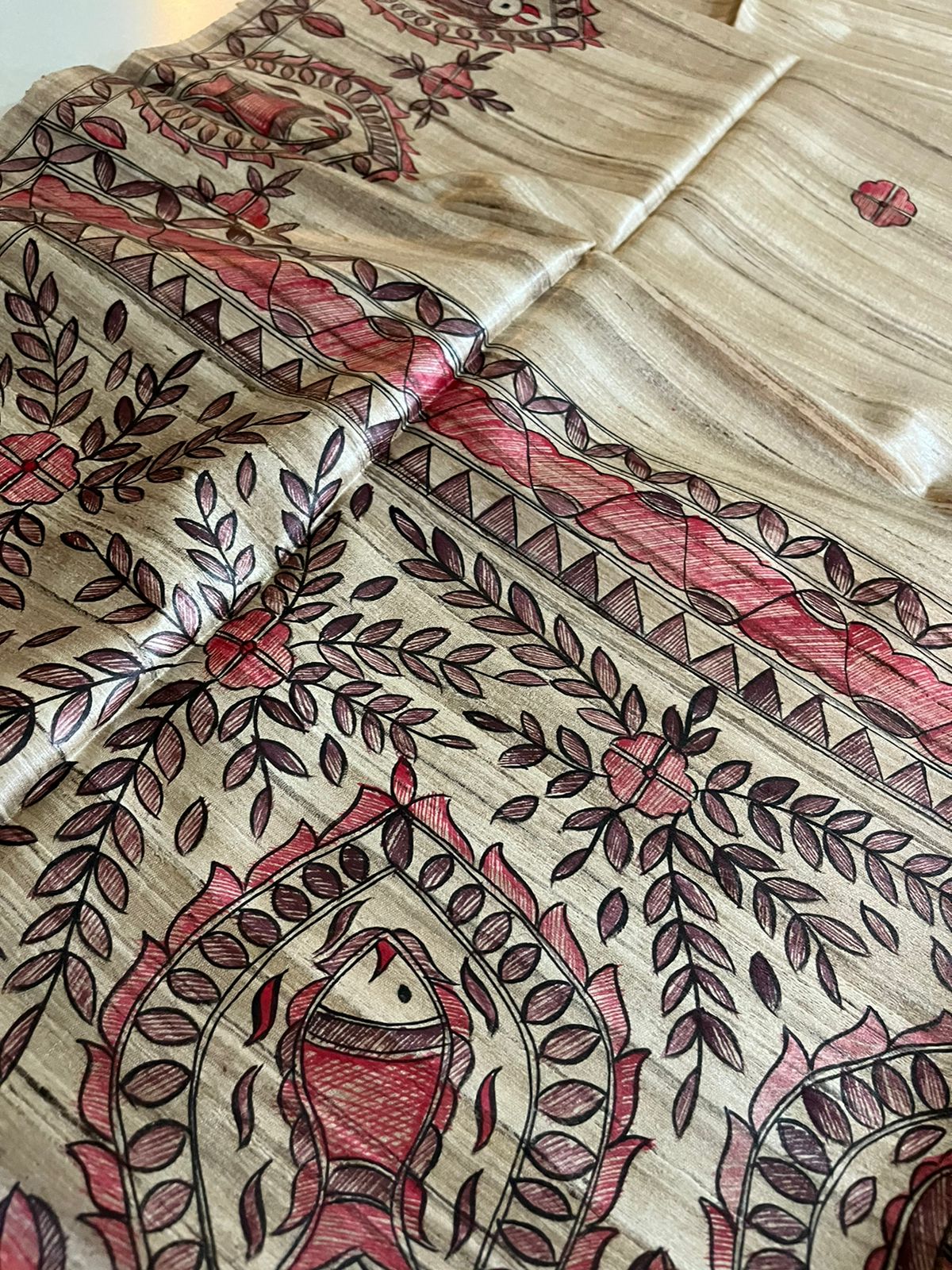 Handloom Pure Tussar Ghicha Silk Saree with Handpainted Madhubani Anchal & Border - Image 3