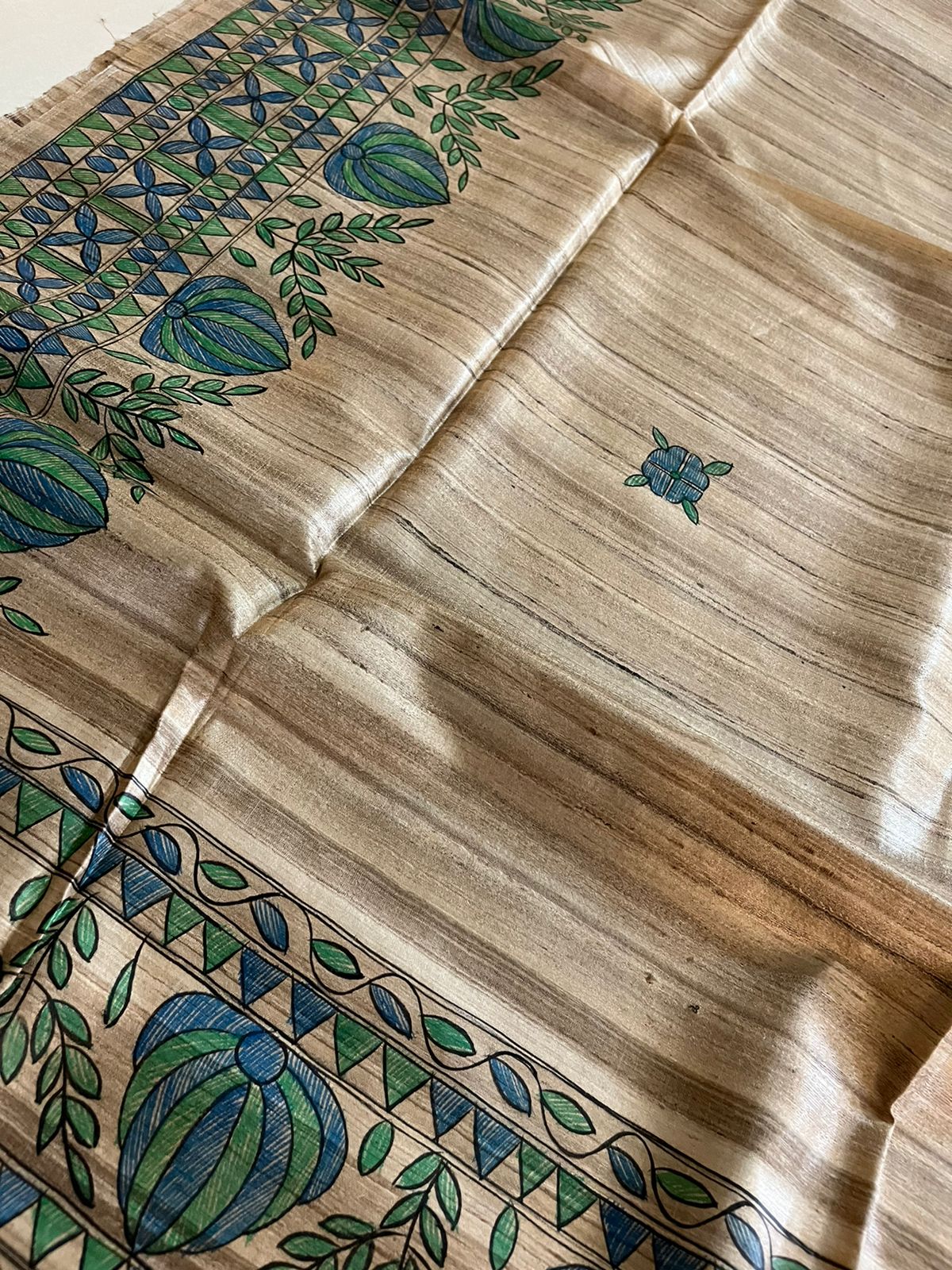 Handloom Pure Tussar Ghicha Silk Saree with Handpainted Madhubani Anchal & Border - Image 3