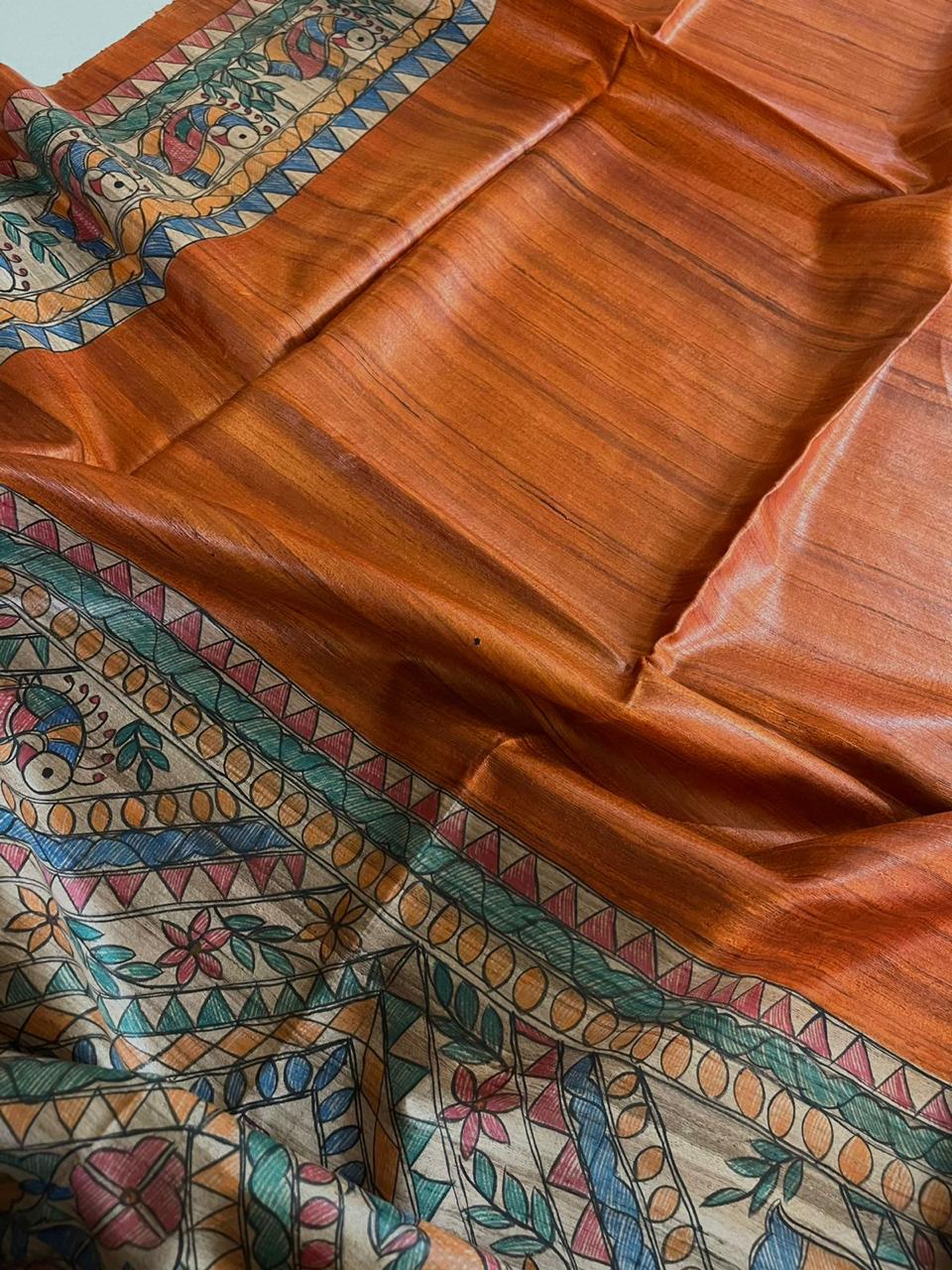 Handloom Pure Tussar Ghicha Silk Saree with Handpainted Madhubani Anchal & Border - Image 3
