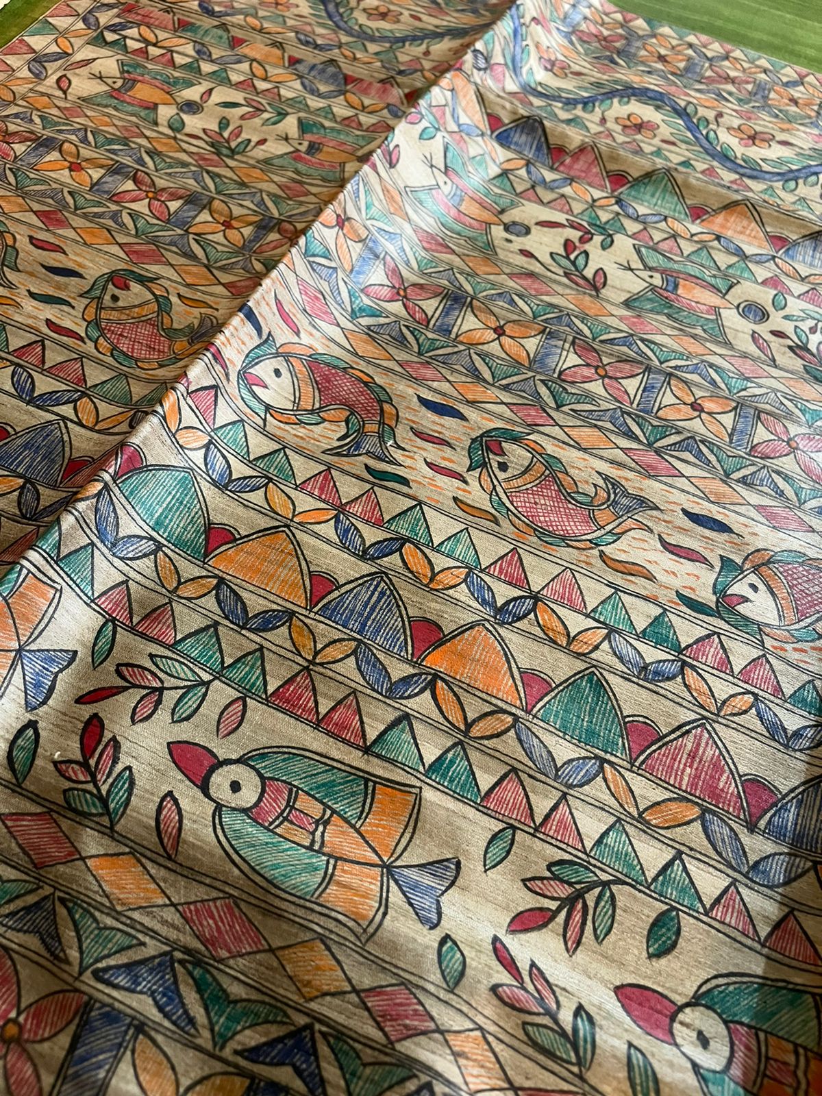 Handloom Pure Tussar Ghicha Silk Saree with Handpainted Madhubani Anchal & Border - Image 4