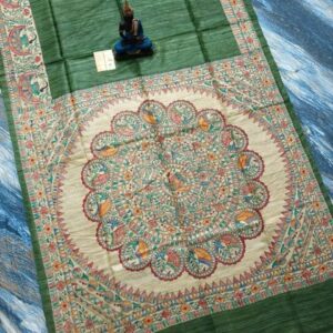 Handloom Pure Tussar Ghicha Silk Saree with Handpainted Madhubani Anchal & Border