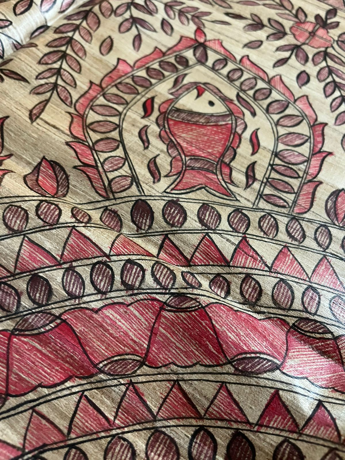 Handloom Pure Tussar Ghicha Silk Saree with Handpainted Madhubani Anchal & Border - Image 4