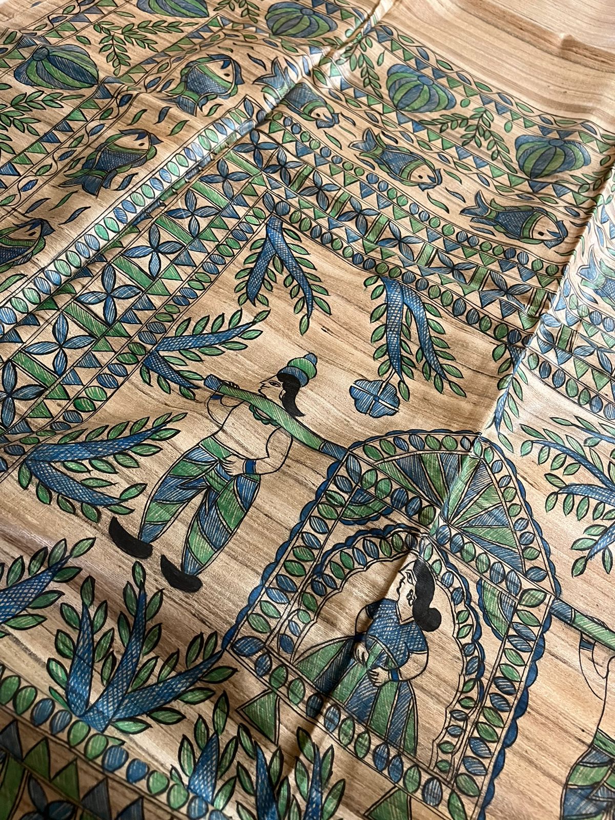 Handloom Pure Tussar Ghicha Silk Saree with Handpainted Madhubani Anchal & Border - Image 4